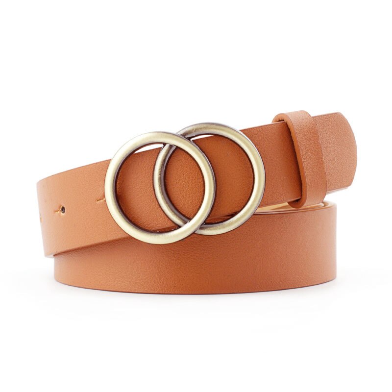 Women Gold Black Silver Big Double Ring Circle Buckle Belt Waistband Female Ladies Wide Leather Straps Belts for Jeans: Style 2 Camel