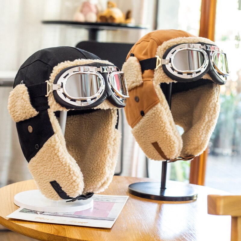 Ski Hat Pilot Bomber Hat Unisex Wind and Cold Winter Cotton Hat Ear Protection and Velvet Earmuffs Cycling Goggles Fluffy Hat