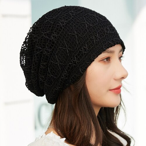 Bonnet extensible en Crochet pour femme, chapeau pour queue de cheval, , collection automne et hiver: Black