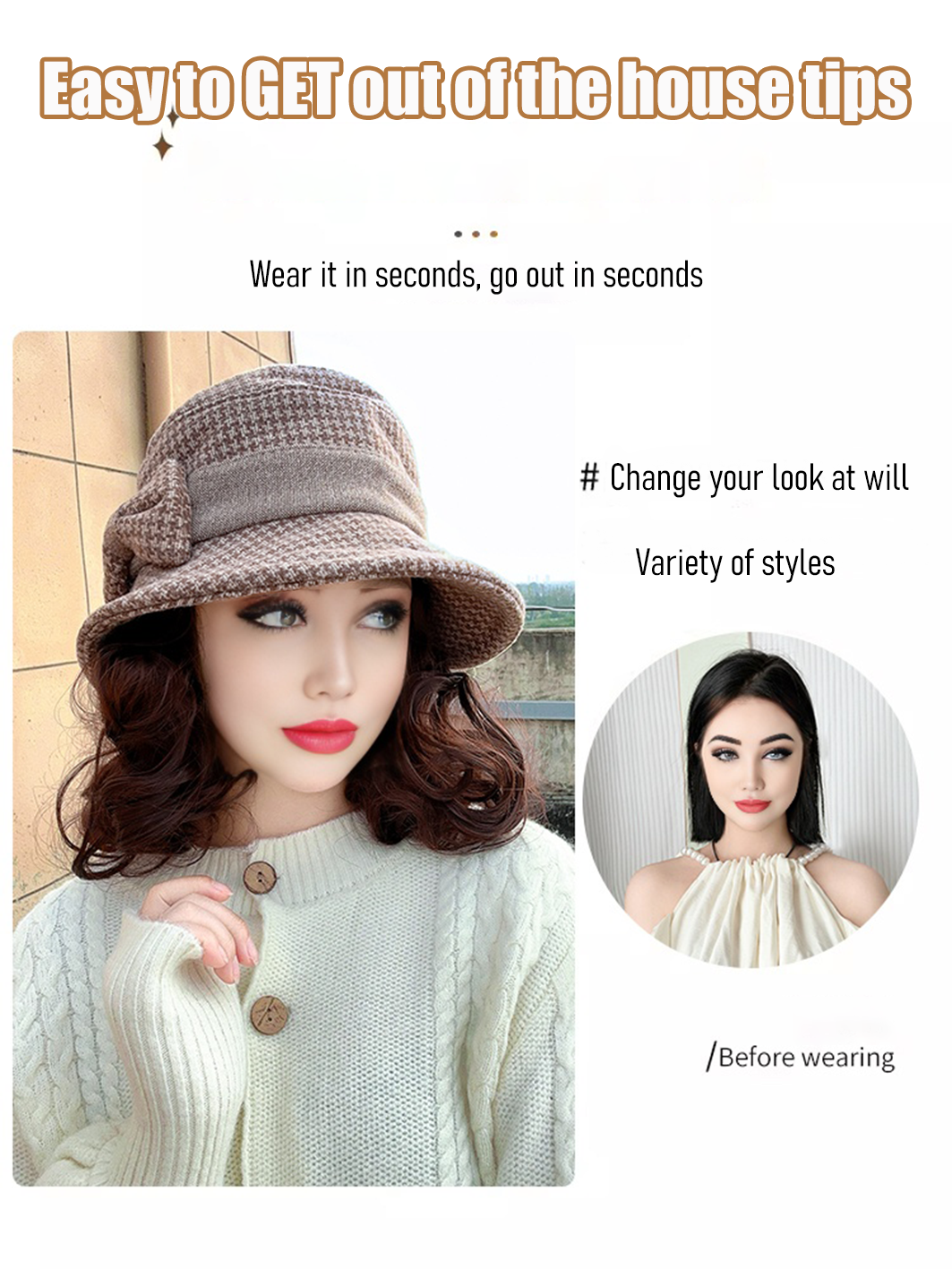 Synthetic 6inch plaid fisherman hat short curly hair wig brown princess curly roo cold warm horse roll Christmas