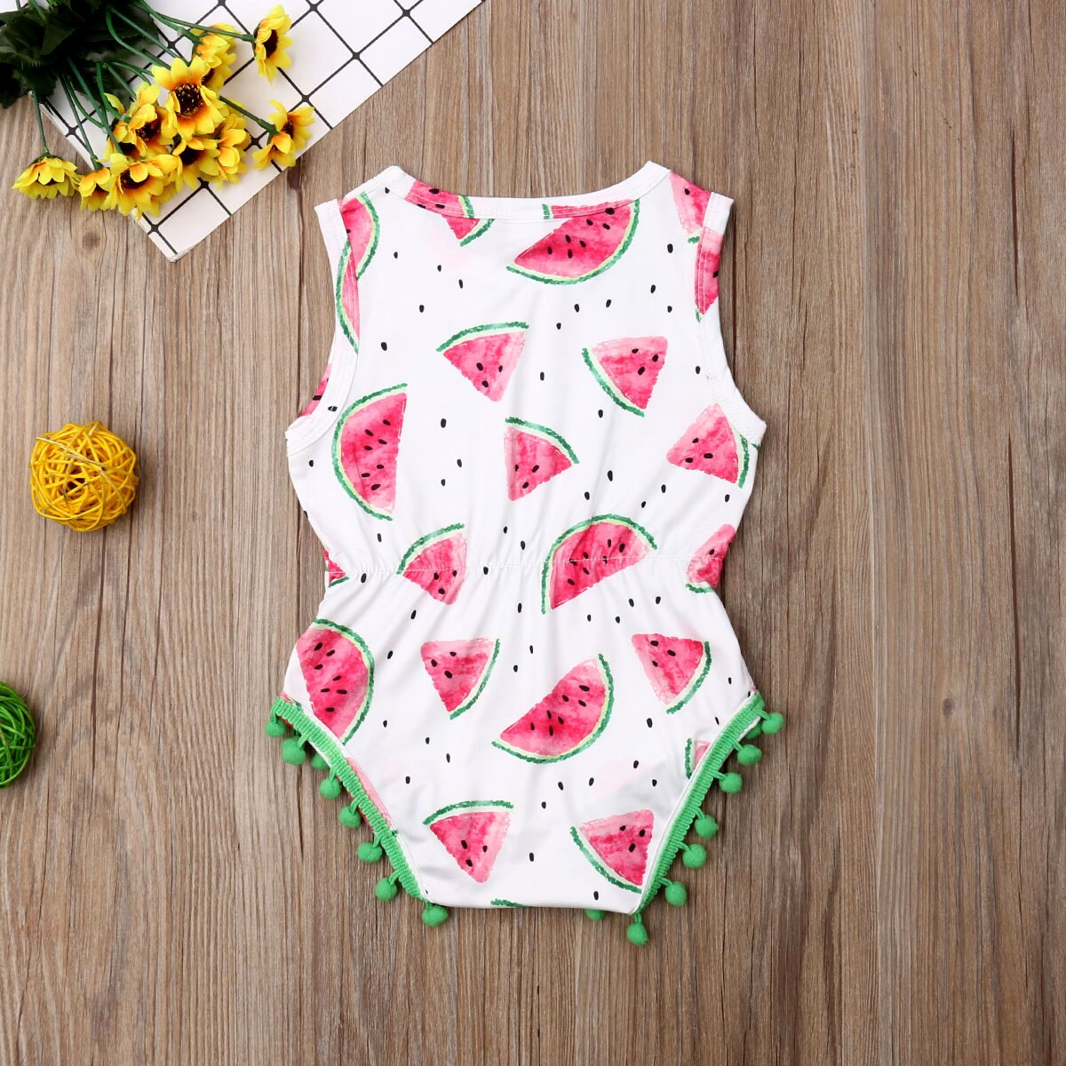 Baby Summer Clothing Newborn Kids Baby Girl Watermelon Romper Sleeveless Tassel Balls Sunsuit Casual Playsuits Outfits 0-24M