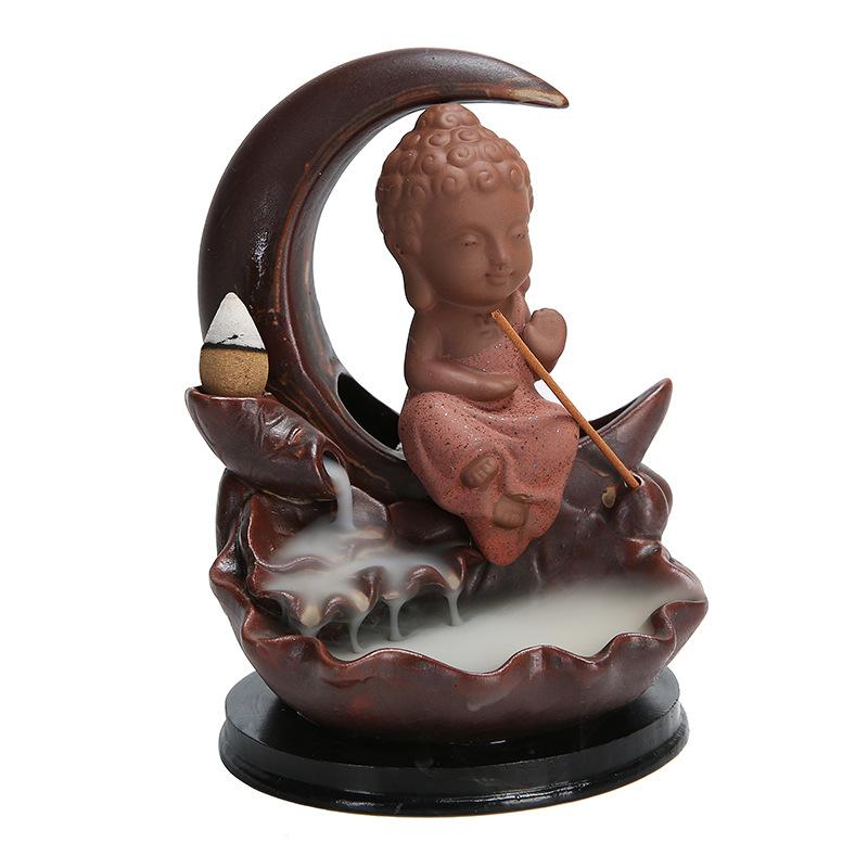 Small Buddha Backflow Incense Burner Smoke Waterfall Incense Sticks Holder Ceramic Lotus Flower Incense Censer Decorative Buddha