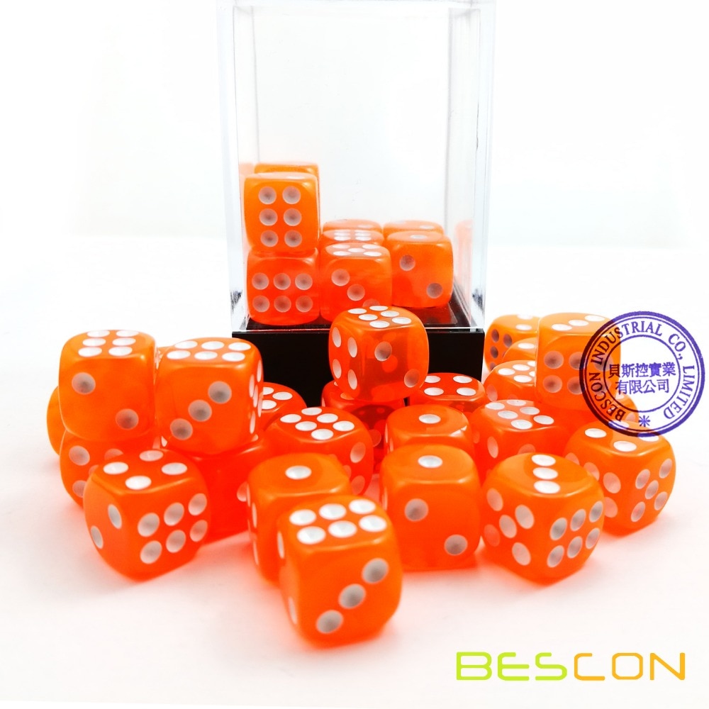 Bescon 12mm 6 Sided Dice 36 in Brick Box, 12mm Six Sided Die (36) Block of Dice, Translucent Orange with White Pips