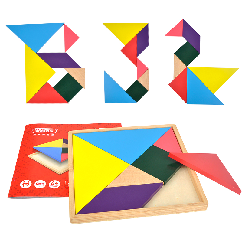 Tangram de madeira 7 peça quebra-cabeça colorido quadrado iq jogo cérebro teaser brinquedos educativos inteligentes para crianças