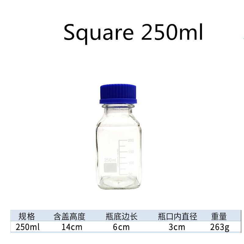 Blå låg reagensflaske glas firkantet flaske gennemsigtig med laboratoriereagensflaske 100/250/500/1000ml