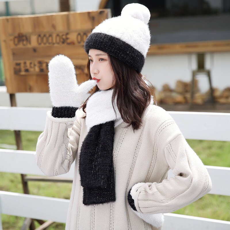 Kvinder vinter hue hat tørklæde og handsker sæt strikket bomuld kvinder solide varme hue hatte med pompon tørklæde handsker sæt: C