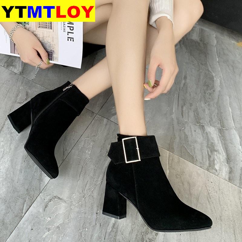 Winter Schoenen Gesp Enkellaarsjes Vrouw Sneeuw Schoenen Faux Suede Booties Wees Teen Blote Laarzen Chunky Hakken Maat 35-40