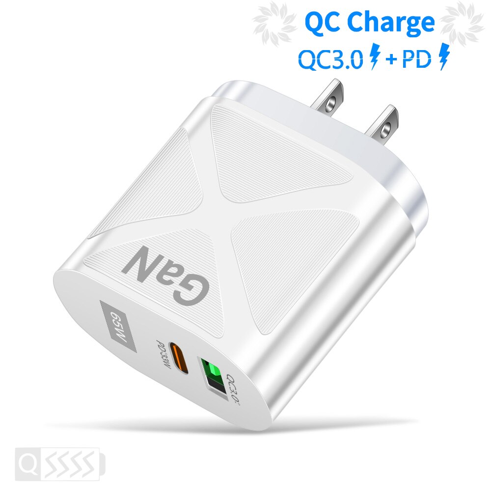 65W USB GaN Charger Type C PD Fast Charging for iPhone 13 12 Pro iPad Mobile Phone Quick Charger QC 3.0 4.0 Wall Adapter Plug: White US