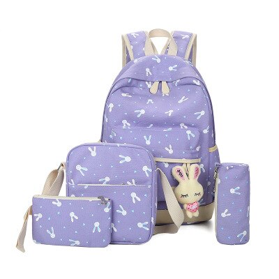 4 stk / sæt skoletasker til teenagere piger skoletaske stor kapacitet damer kvinder skole rygsæk søde udskrivning studerende bogtasker: Lavendel