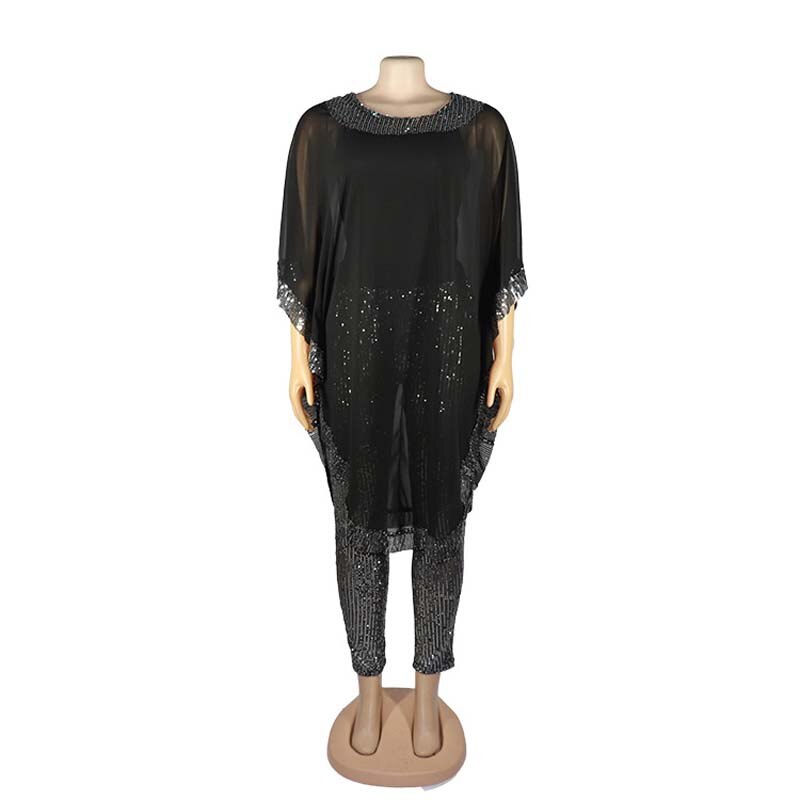 Conjunto africano de dos piezas de gasa, conjunto de ropa Dashiki informal de dos piezas para mujer, Top de manga murciélago y pantalones de tubo de lentejuelas,: Black / L