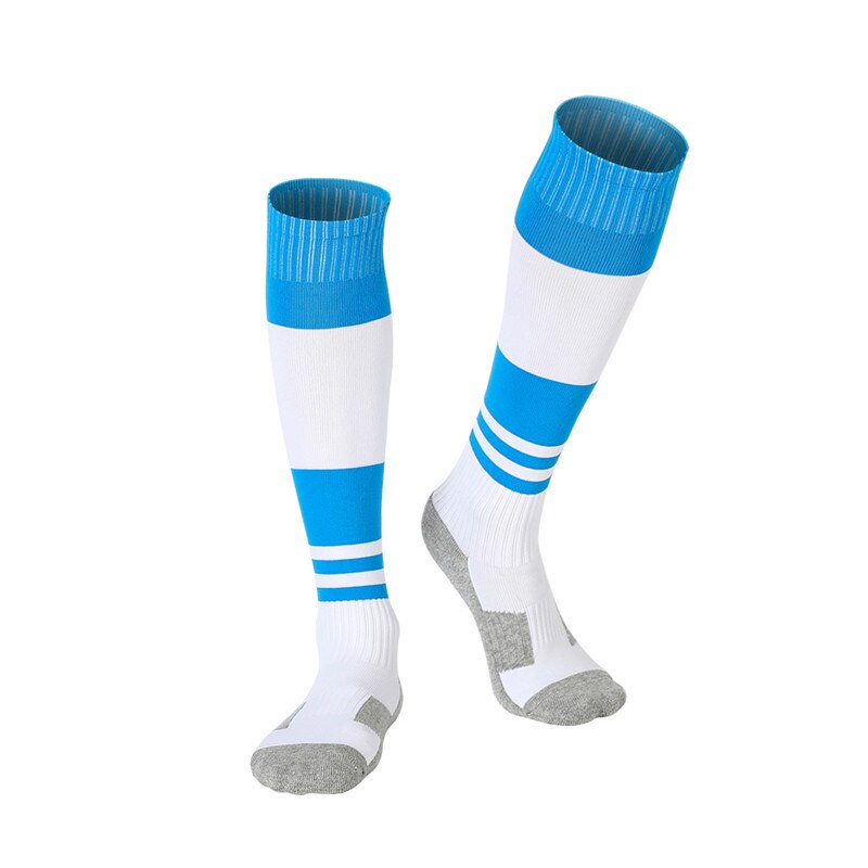 Børn fodbold sokker tyk bomuld håndklæde bund fodbold sokker til teenage drenge piger fodbold træning slid knæ høj sok: Himmelblå