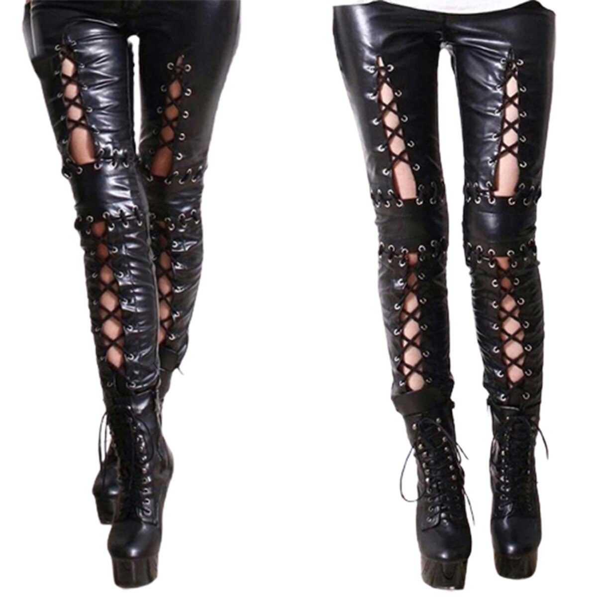Femmes Punk Rock Faux cuir Leggings gothique évider à lacets crayon pantalon tenue de Club scène Performance pantalon