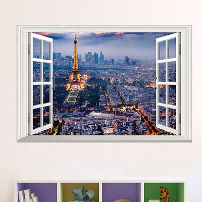 Eiffeltoren City Night Bekeken 3D Raam Muur Sticker Muurschilderingen Verwijderbare Vinyl asd