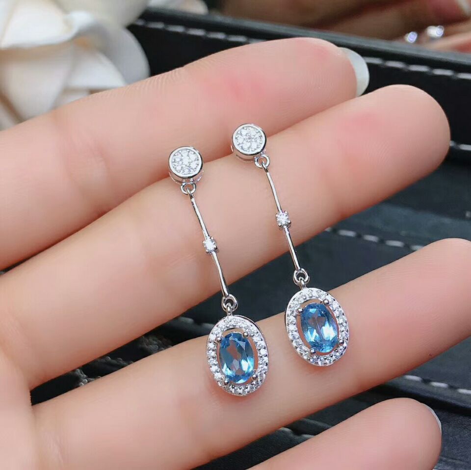 MeiBaPJ Sehr SchöNe Natürliche Himmel Blau Topas Edelstein Schmuck einstellen 925 Reinem Silber 3 Stück Anzug Hochzeit Schmuck für Frauen: Ohrringe