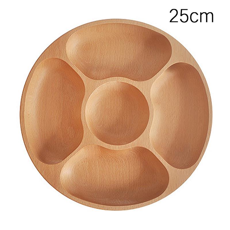 Bandeja de partición de madera de 25/30cm para el hogar, 5 compartimentos, plato para frutos secos, plato dividido de madera Natural con forma redonda: 25cm