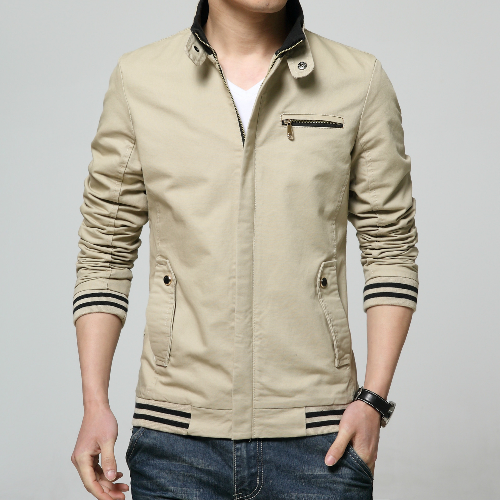 Blouson aviateur à col montant pour hommes, veste à glissière décontractée, coupe-vent pour hommes, vestes de baseball pour hommes, vêtements d'extérieur, vêtements de: M / Kaki