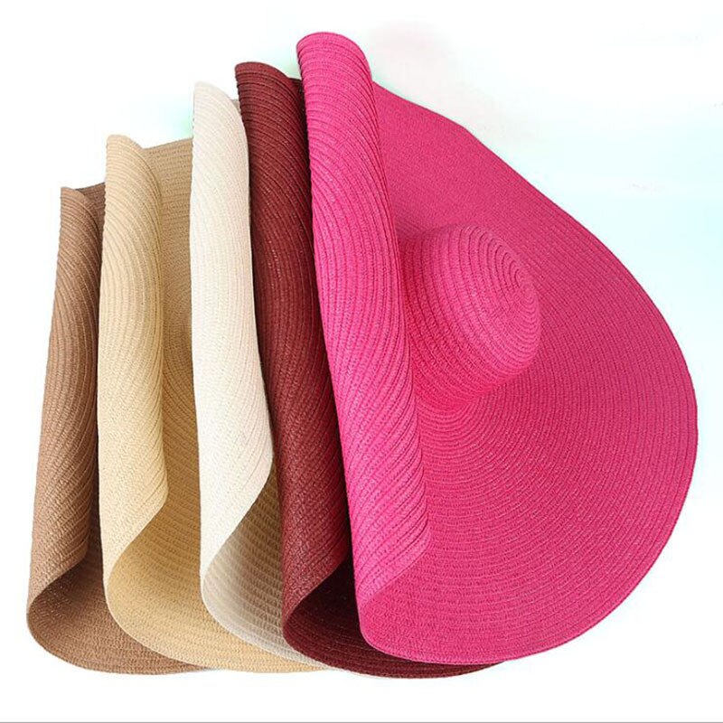 2022 Grote Zomer Hoeden 25Cm Rand Papier Stro Hoeden Cool Mooi Mooie Grote Strand Hoeden Heldere Kleuren Roll Zon hoeden Voor Vrouwen