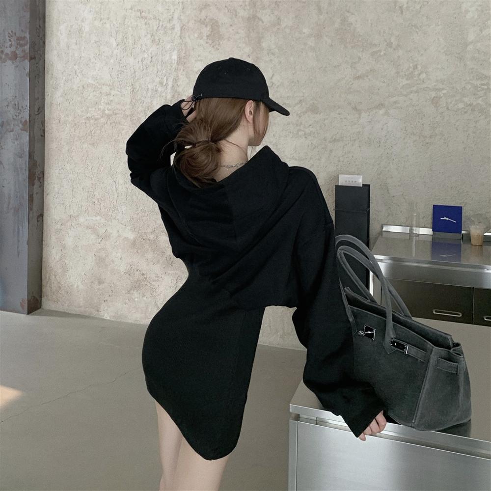 Hoodies sweatshirt stickad klänning mini svart långärmad bomull vinter vestido corto casual koreansk harajuku höstrock femme: Default Title