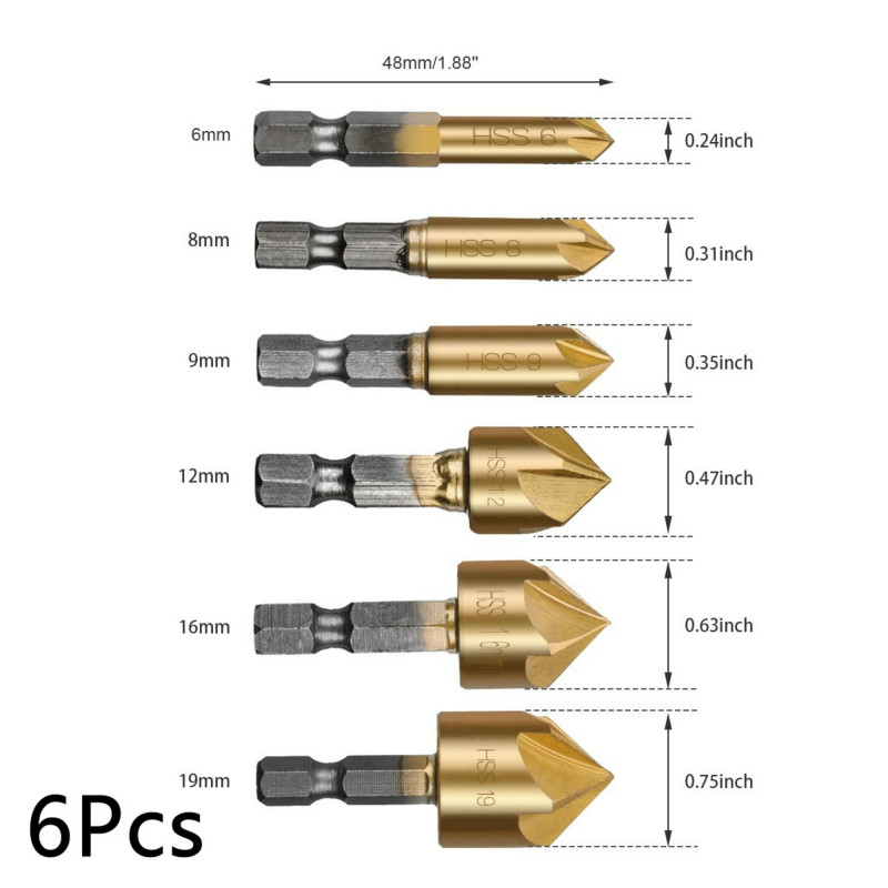 HSS Titanium Countersink Deburring Chamfering Drill 5 Flute Countersink Drill Bit Set 90 Degree Counter Sink Chamfer Cutter: 6pcs