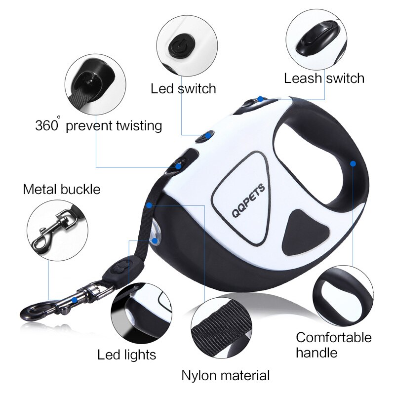 Hondenriem automatisch intrekbaar, led-lichtgevend, rekbaar, nylon hondenriem, lange hondenhand, touw voor middelgrote en grote honden.