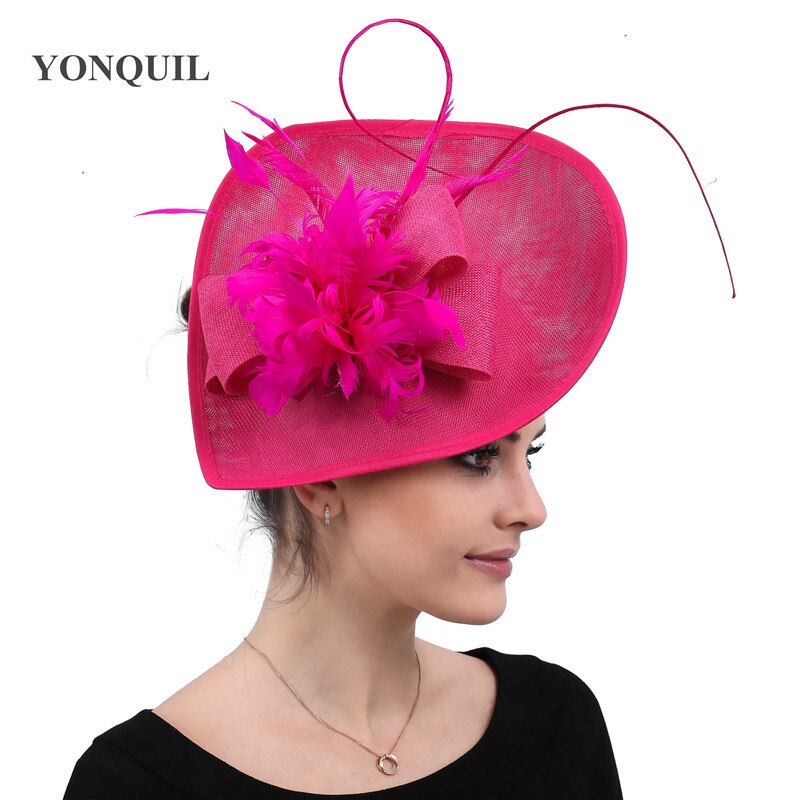 Chapeau de mariage de mariée rose vif chapeaux Banquet fascinators chapeau mariée mariage plume fleur coiffe de mariage cerceaux femmes chapeau: hot pink