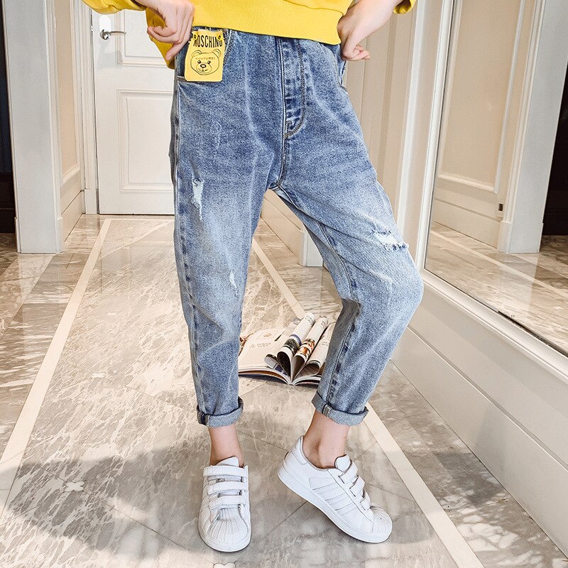 Girls Ripped Jeans Spring Autumn Girls Jeans for Kid Trousers Children Leggings Print Loose Denim Pants