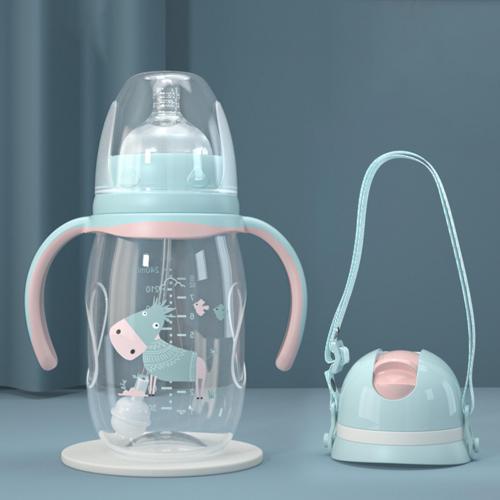 240ml/300ml Infant -proof Baby Wide-caliber Milk Bottle with Straw Handle Cute baby bottles with cartoon designs with Straw: Blue 300ml