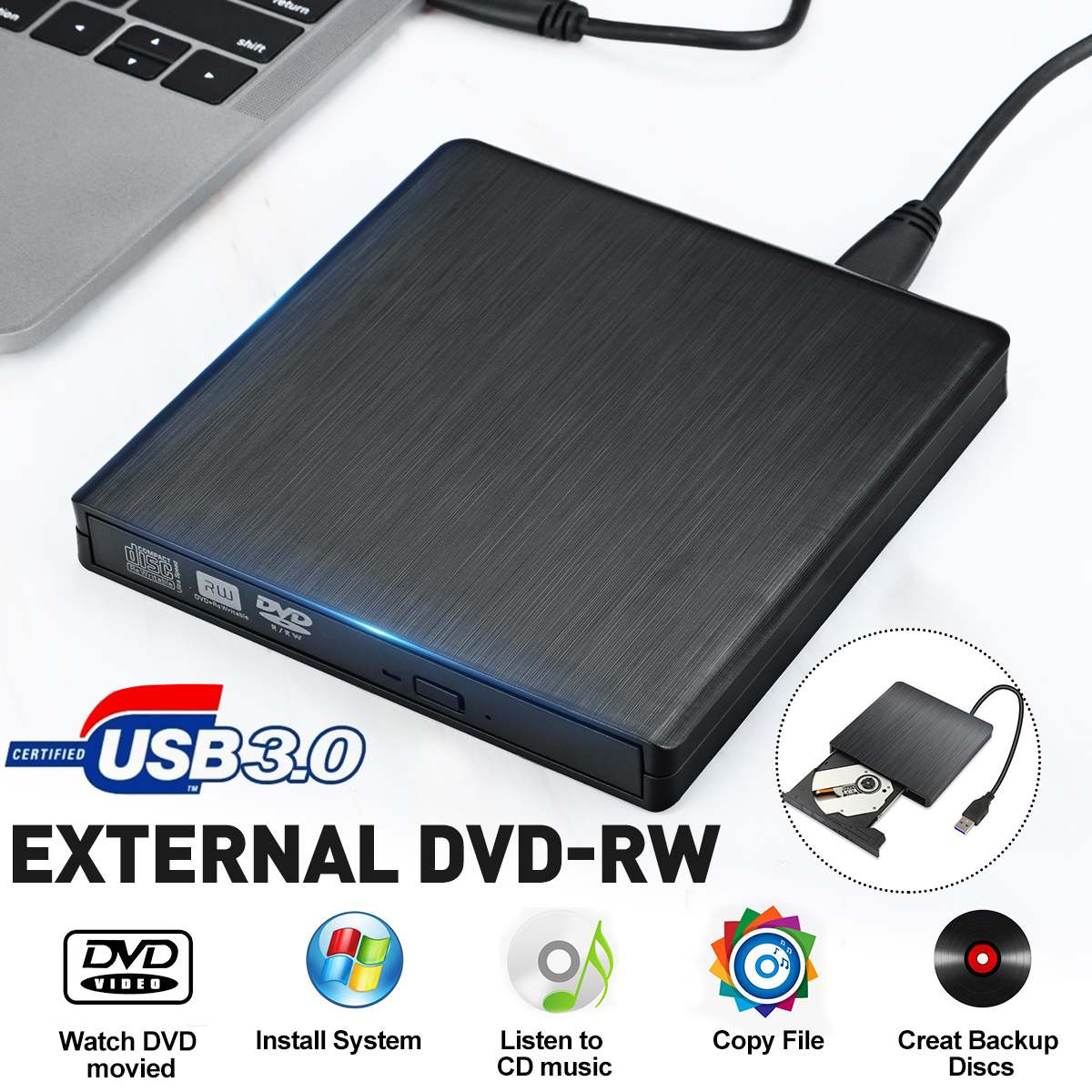 Ekstern usb 3.0 slim ekstern dvd rw cd brænder drev brænder læser afspiller optiske drev til pc laptop windows pc