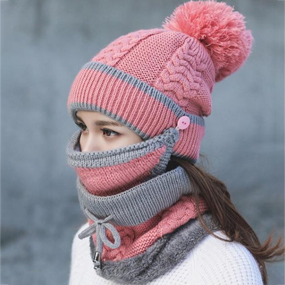 3 pièces femmes hiver écharpe ensemble épais tricoté chapeau écharpe couverture de visage en plein air WHShopping