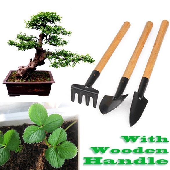 Juego de rastrillos de 3 uds, juego de herramientas de jardín para bonsái, pala de cabeza de Metal con mango de madera para niños, plantas en macetas de flores de jardín