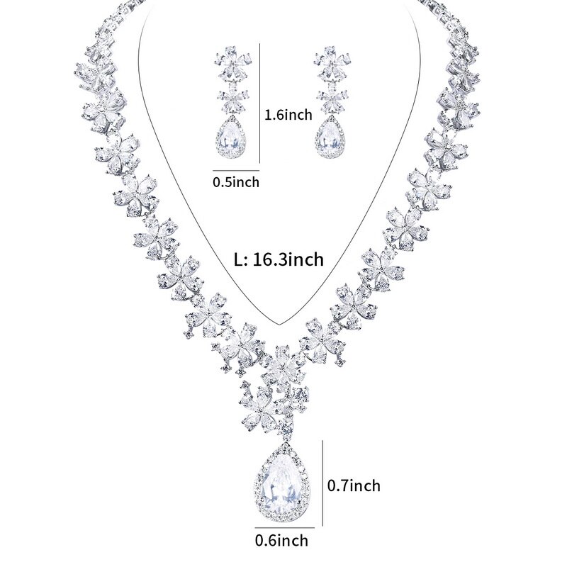 Flower Cubic Zirconia Crystal Necklace and Earrings Wedding Set Bridal Bridesmaid Jewelry