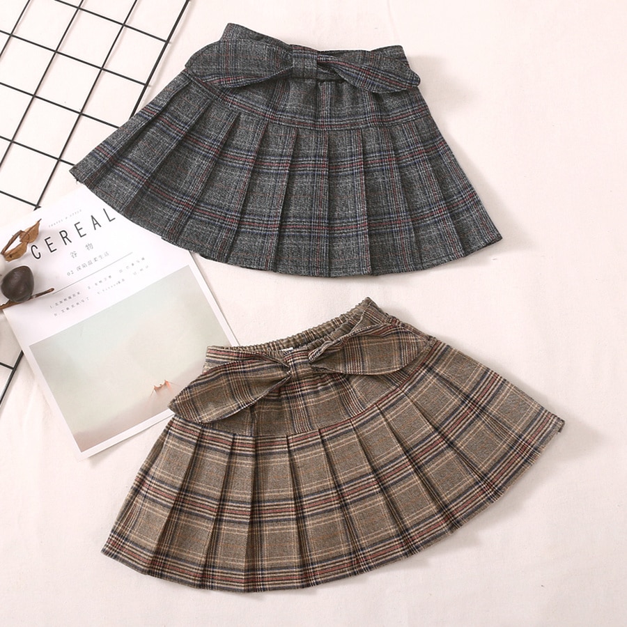 Winter Plaid Skirt for Baby Girl School Uniform Children Casual Pleated Bow Mini Skirts Toddler Plaid Bottoms