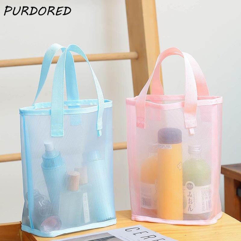 PURDORED 1 Pc Einfarbig Sommer Strand Tasche für Frauen Reisen machen-hoch Lagerung Tasche Große Gittergewebe Faltbare Handtasche Lebensmittel Taschen