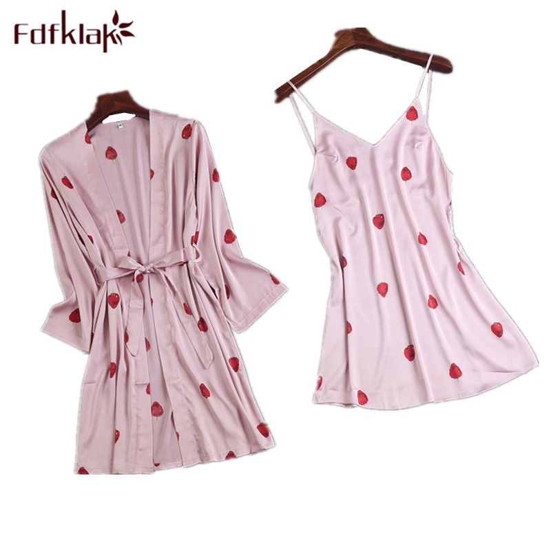 Spaghetti strap sexy bathrobe women print silk satin sleepwear set spring autumn dressing gown ladies robes robe femme