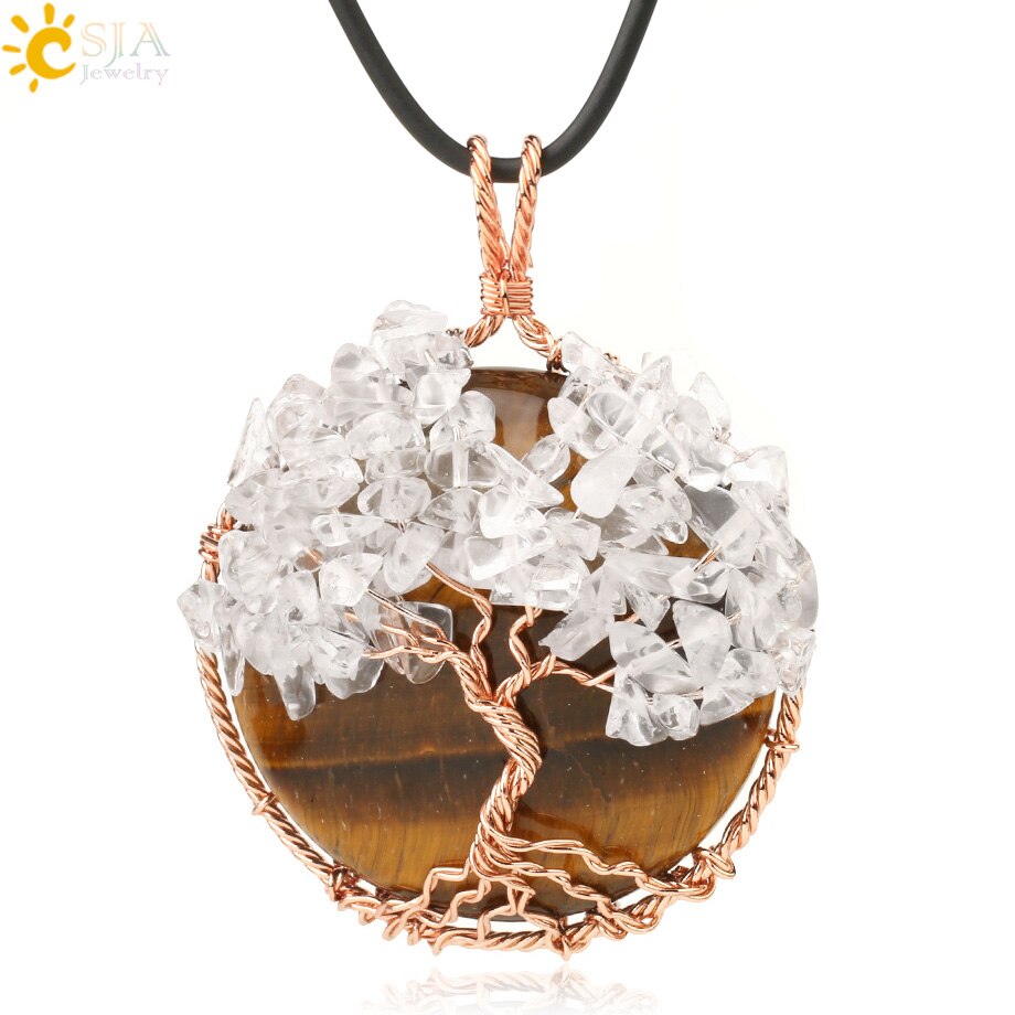 CSJA Natural Cabochon Stone Tree of Life Pendant Rose Gold Color Wire Wrap Chip Bead Wisdom Tree Healing Women Men Necklace G193: Tiger Eye Chain