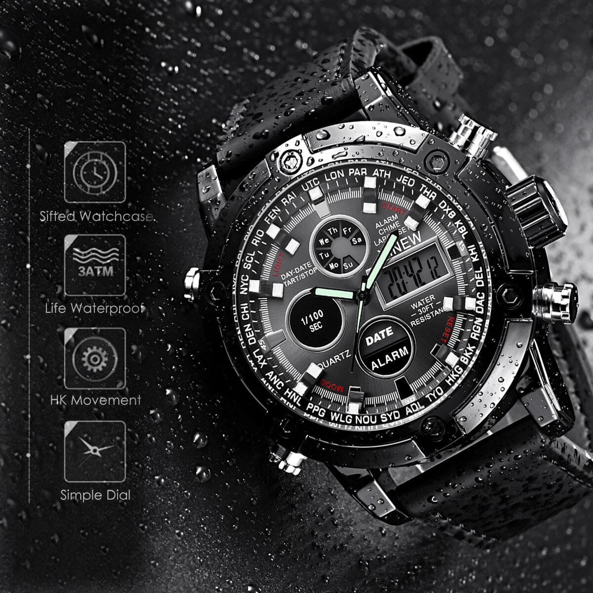 Top Luxe Dual Movt Mannen Lederen Riem Quarz Horloge Analoge Digitale Led Sport Polshorloge Reloj Para hombre Digitale
