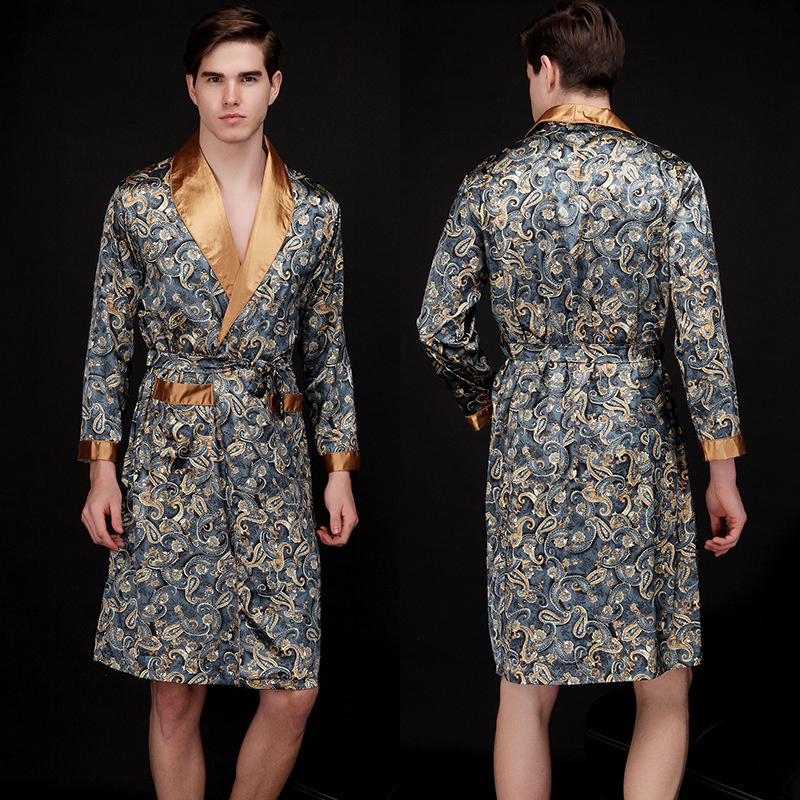 Mannen Zomer Herfst Kimono Badjas Zijde Satijn Gouden Draak Lange Badjas Kamerjas Knielengte Zwarte Nachtkleding: L / Oranje