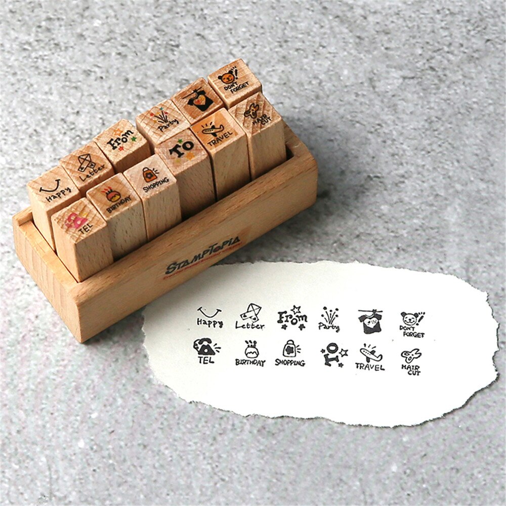 12pcs/set Date Weather Stamps Korean Stationery DIY Wooden Rubber Stamp for Planner Notebook Scrapbooking Journal Supplies: C
