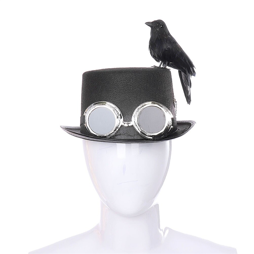 Halloween Carnival Retro Gothic Steampunk Crow Hat with Goggles Gears Black Crow Bird for Costume Party