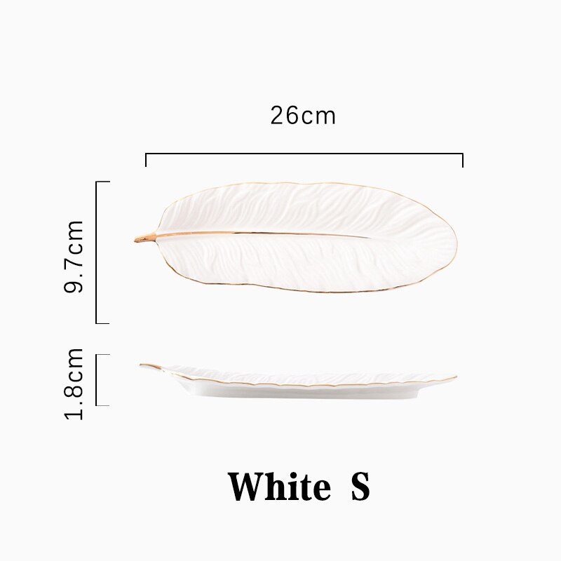 Leaf Ceramic Gold Inlay Cosmetics Jewelry Storage Tray Cake Candy Dessert Plate Key Watch Place Feather Plates Decorative Plate: white S