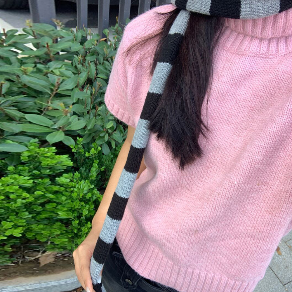 Bufanda a rayas blancas y negras Y2K, bufandas tejidas ajustadas y estrechas Harajuku para mujer, decoración, calentador de cuello grueso, bufanda larga con lazo