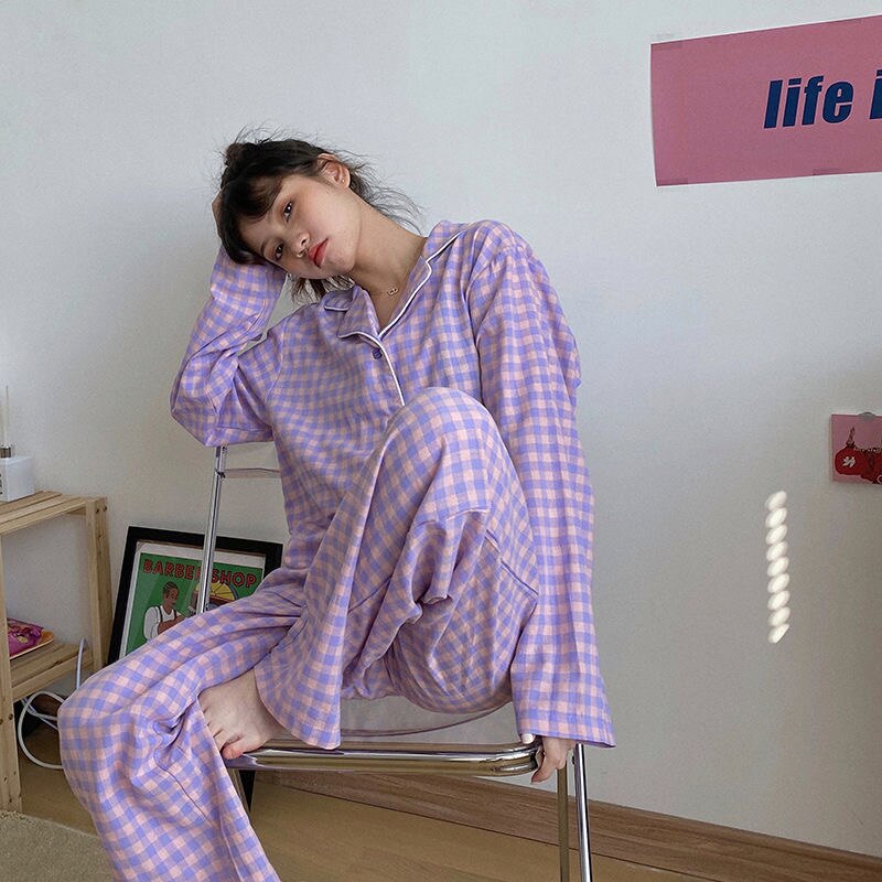 CAIYIER-Conjunto de pijama de rejilla verde para mujer, ropa de dormir holgada de estilo coreano, pantalón de cintura elástica, ropa de dormir para el hogar, primavera e invierno: purple / XXL