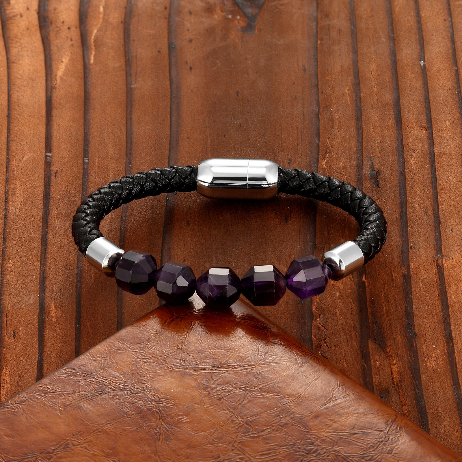 neue Geometrische Natürliche Amethyst Energie Armbinde OL Stil 316 Edelstahl Einzigen Schicht Leder Seil Damen Armbinde Juwel