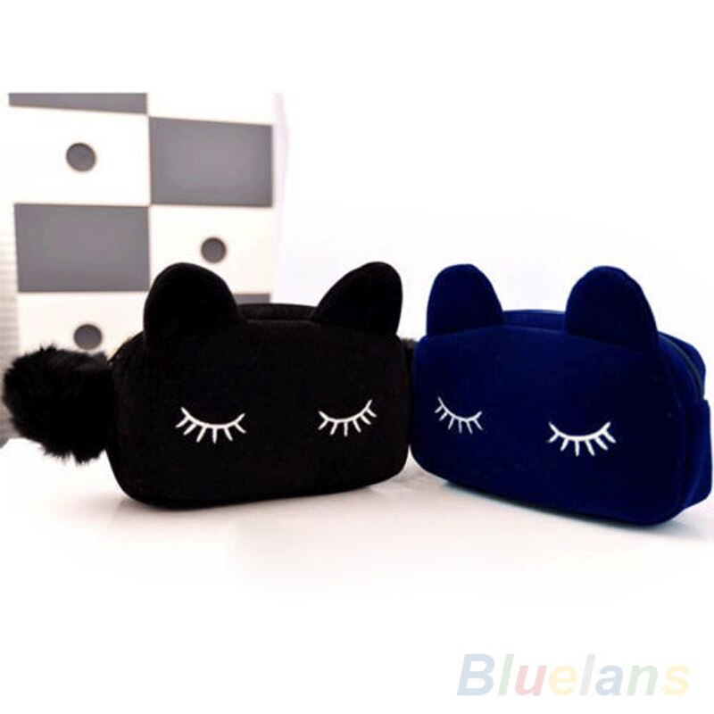 Cute Cartoon Cat School Stationery Pencil Case Pen Box Cosmetic Makeup Velour Pouch Zipper Bags Portable Toilet Case