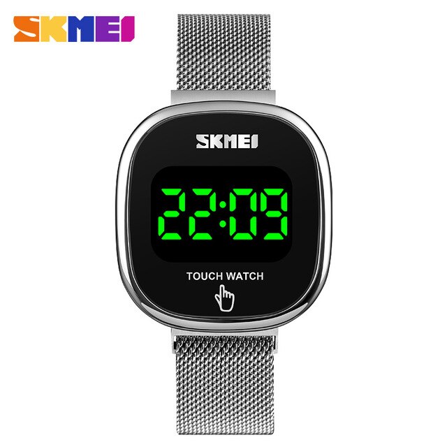 Skmei berøringsskjerm led display digitale klokker merke rustfritt stål full stål vanntette armbåndsur hombre: Sølv