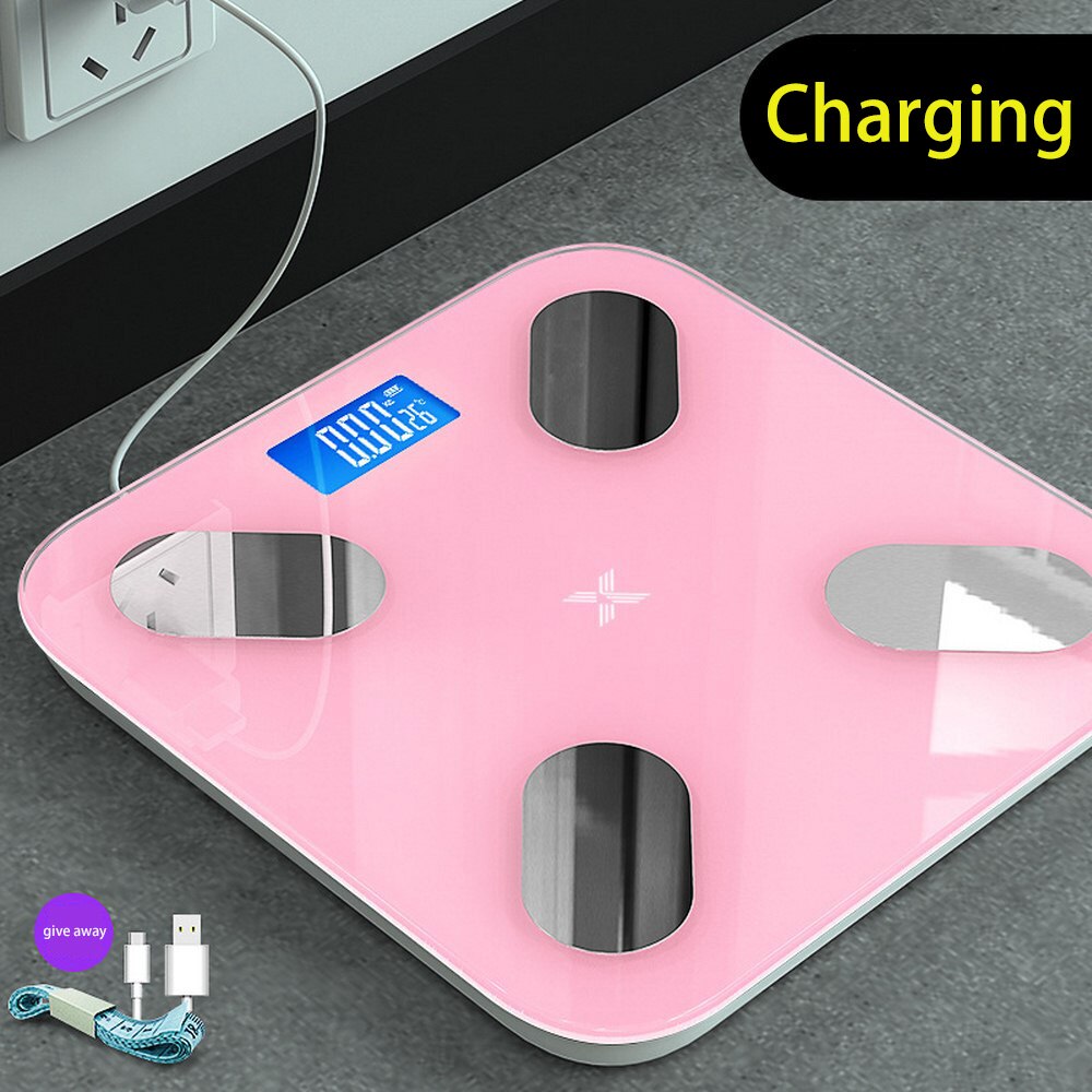 Báscula de grasa de carga USB báscula electrónica de composición corporal báscula de peso de grasa báscula de equilibrio de pantalla LED electrónico APP análisis de datos: Pink-Charging