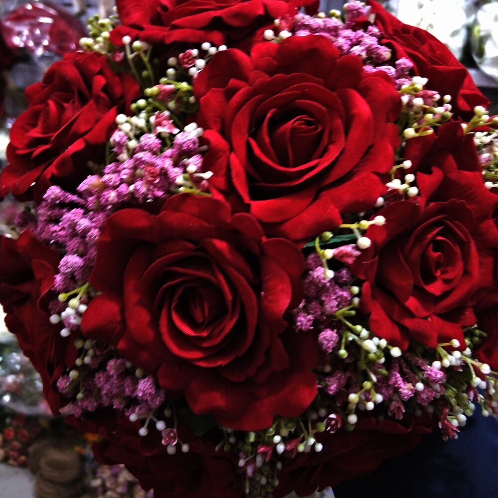 Ekte bilder rød rose lilla blomst bryllupsbukett vakker birdal bukett bryllupstilbehør