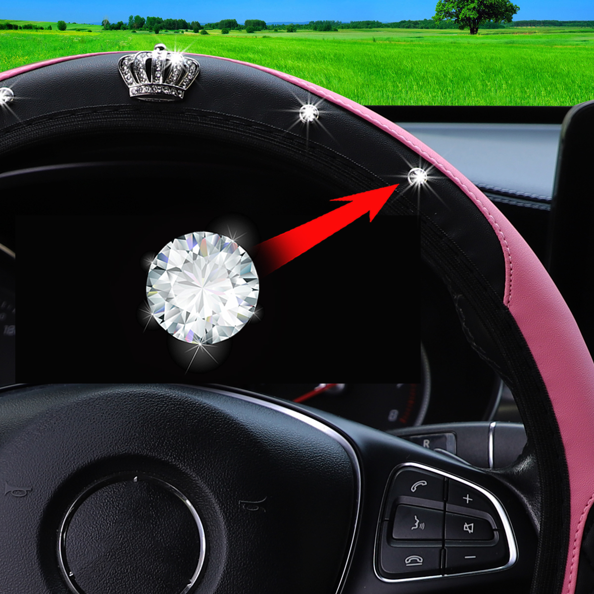3 piezas de cuero pu bordado corona diamante coche sin anillo interior protector para volante cubierta de freno de mano cubierta de manija