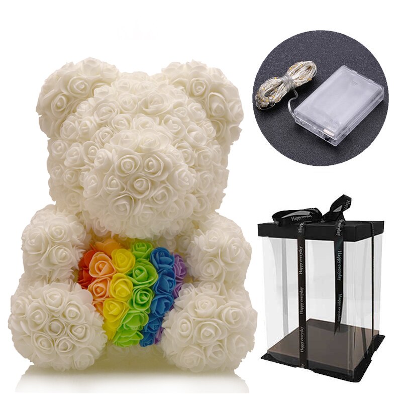 Großen Regenbogen Bär von Rosen mit Kasten 38cm 3D Schaum Rosen Bär Teddybär Kostüm Seife Blume Weihnachten