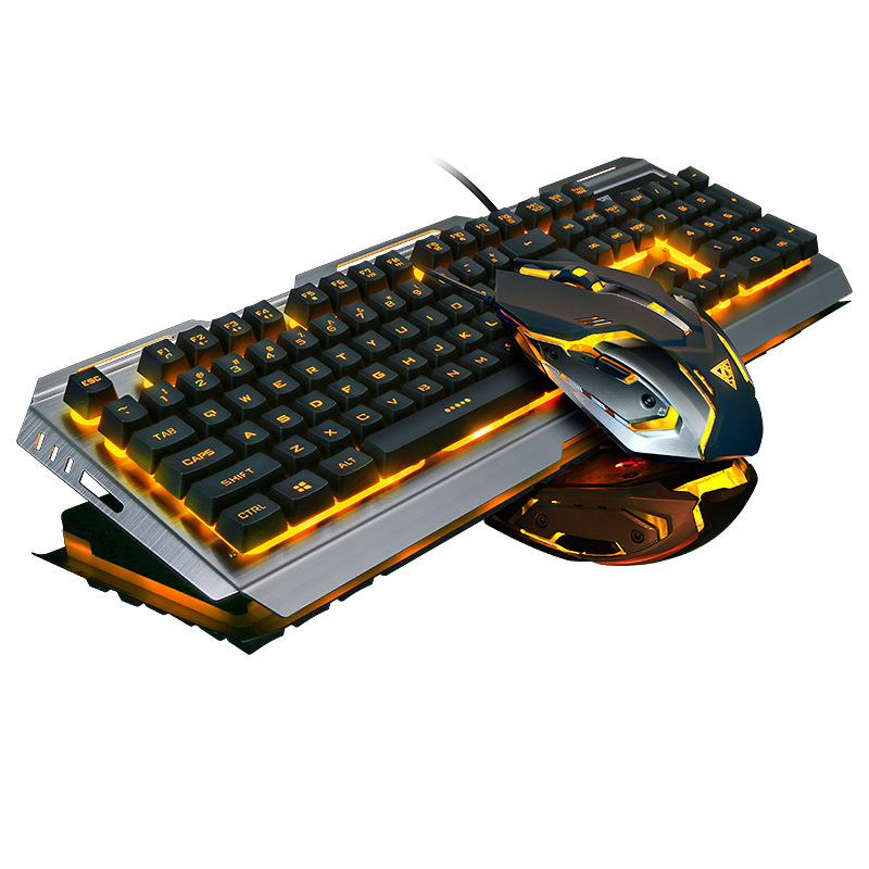 V1 USB Wired Gaming Keyboard Ergonomic Backlit Mechanical Feel and Mouse Set Tungsten Gold Gamer Laptop Computer Gaming Set